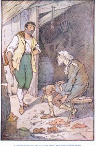 Een grijsharige man zat op een lage bank, druk bezig met het maken van schoenen door F. M. B. Blaikie